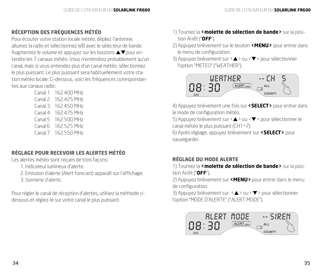 Eton FR600 owner manual Réception DES Fréquences Météo, Réglage DU Mode Alerte 