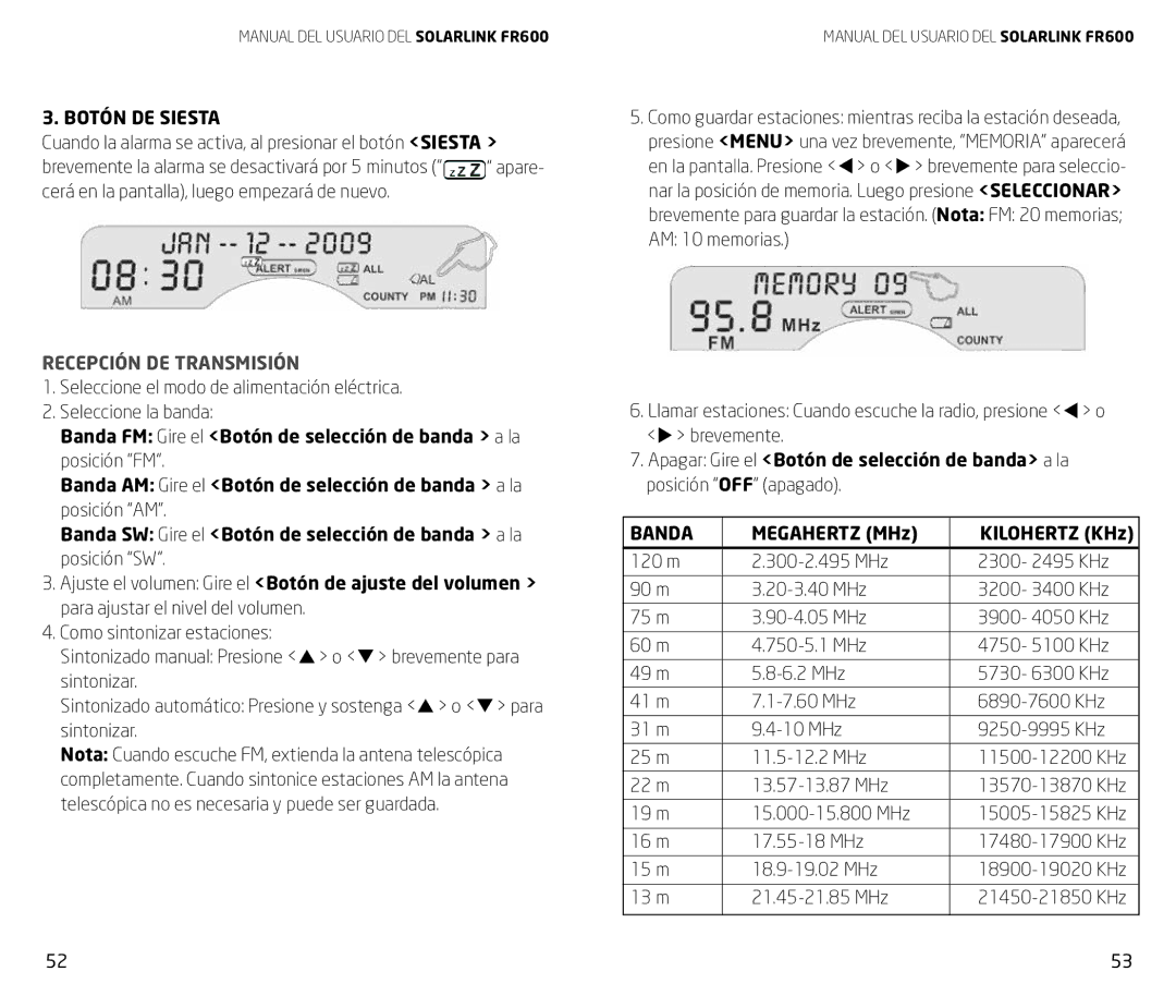 Eton FR600 owner manual Botón DE Siesta, Recepción DE Transmisión, Banda 