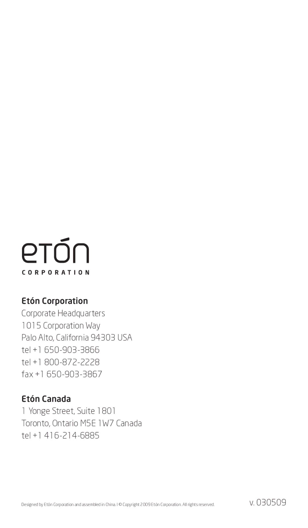 Eton FR600 owner manual Etón Corporation Corporate Headquarters 1015 Corporation Way 