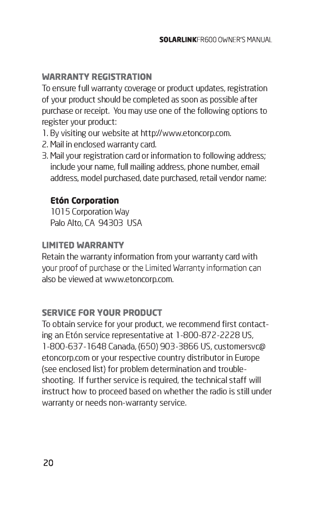 Eton FR600 owner manual Warranty Registration, Etón Corporation, Limited Warranty, Service For Your Product 