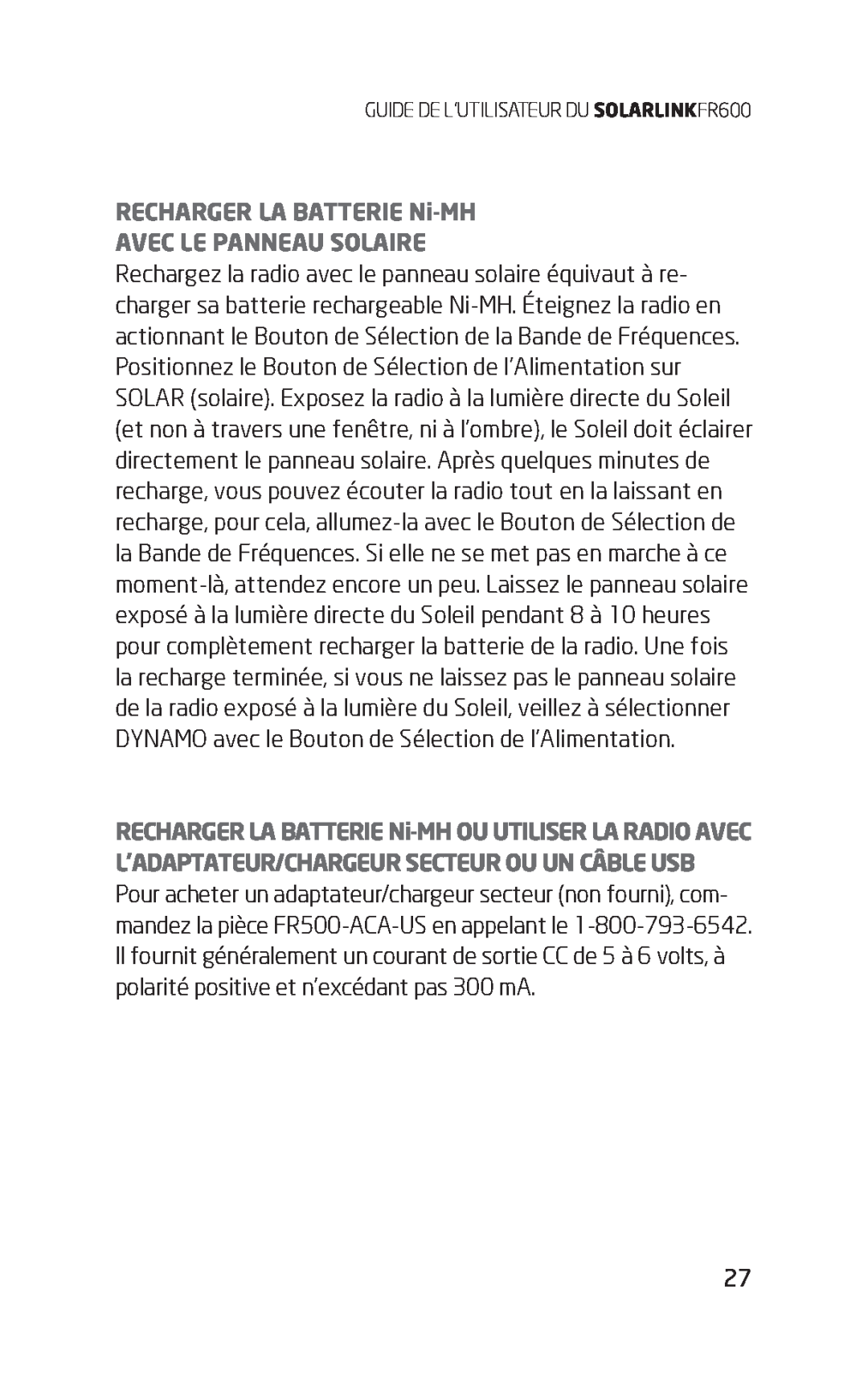 Eton FR600 owner manual RECHARGER LA BATTERIE Ni-MH AVEC LE PANNEAU SOLAIRE 