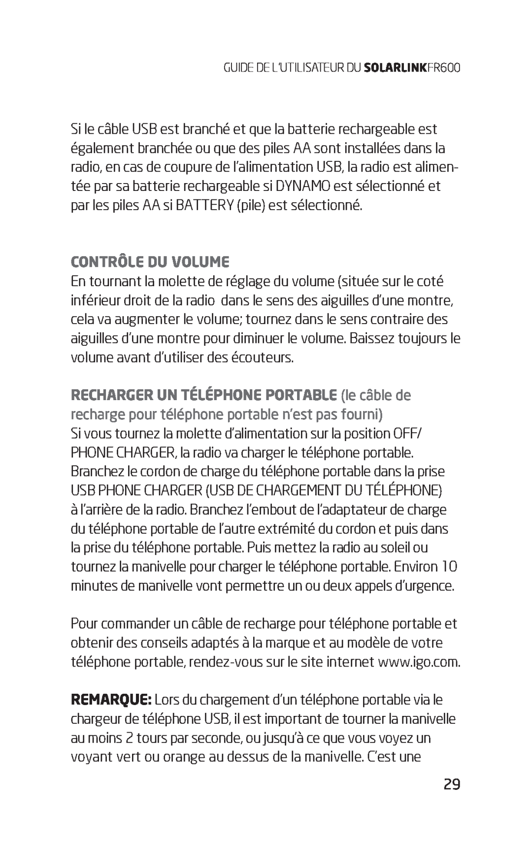 Eton FR600 owner manual Contrôle Du Volume, Usb Phone Charger Usb De Chargement Du Téléphone 