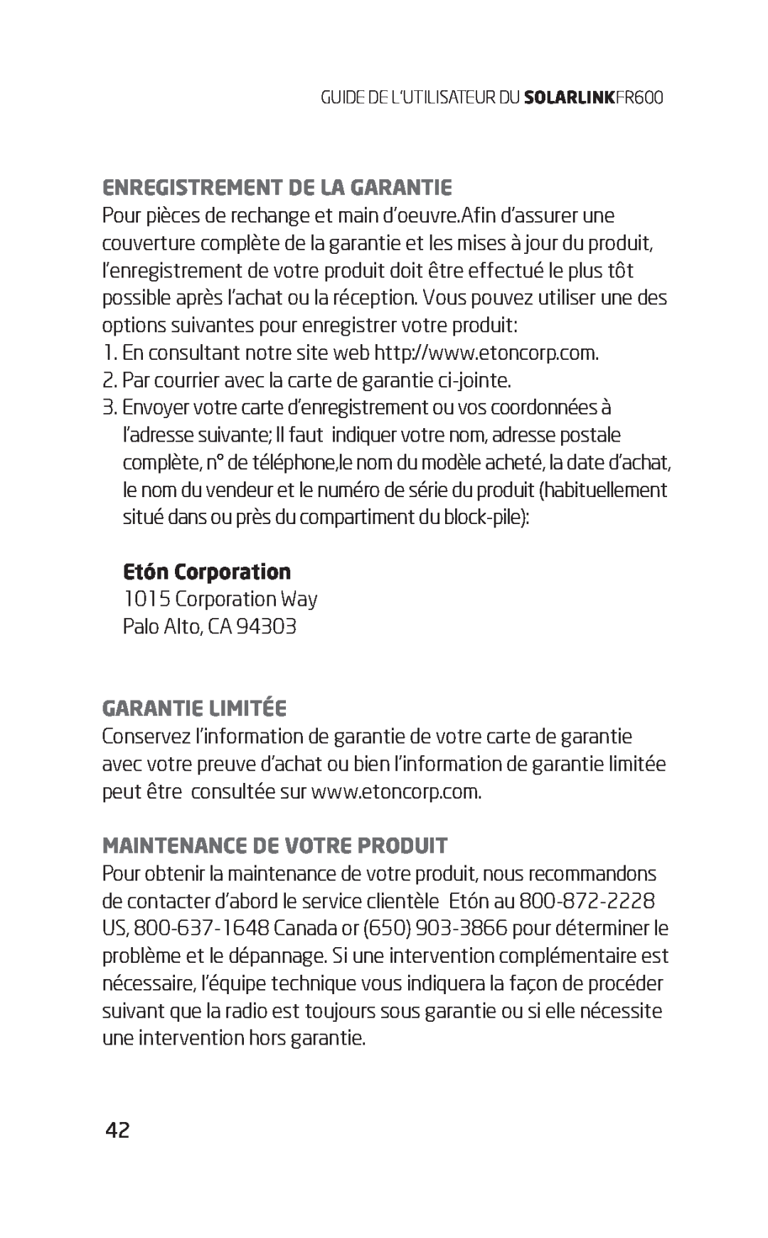 Eton FR600 owner manual Enregistrement De La Garantie, Garantie Limitée, Maintenance De Votre Produit, Etón Corporation 