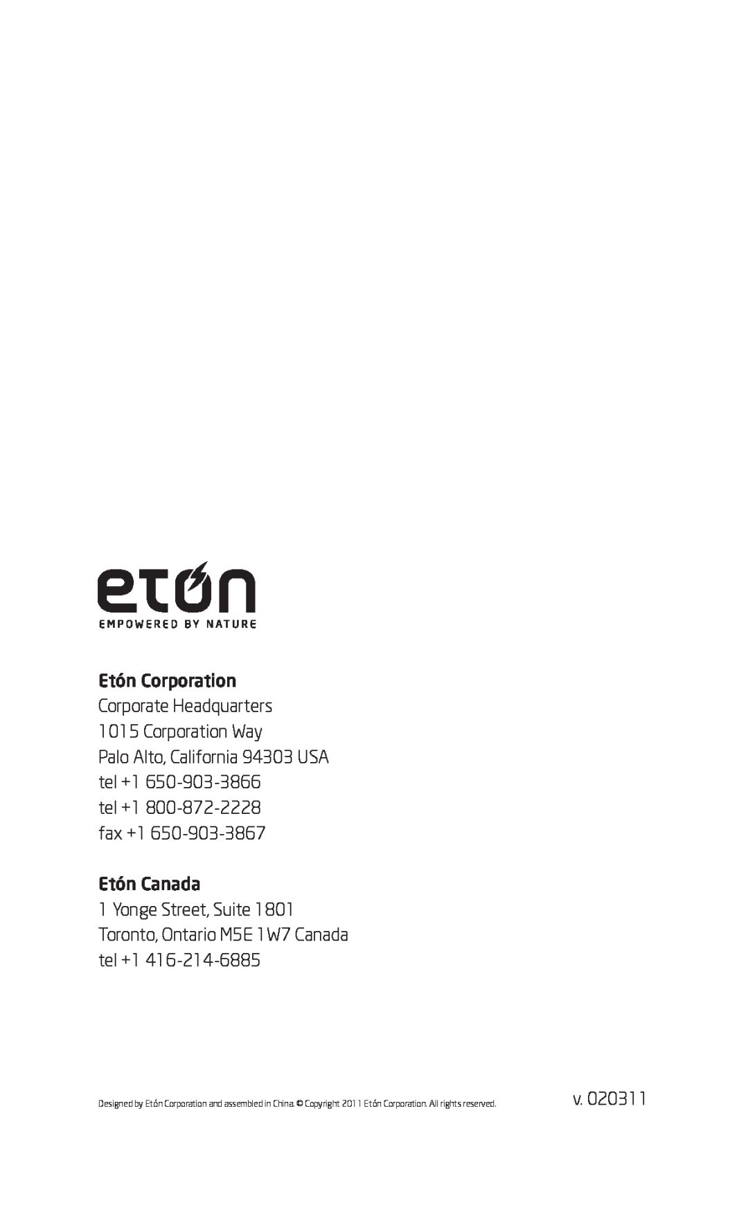 Eton FR600 owner manual Palo Alto, California 94303 USA tel +1 tel +1 800-872-2228 fax +1, Etón Canada 