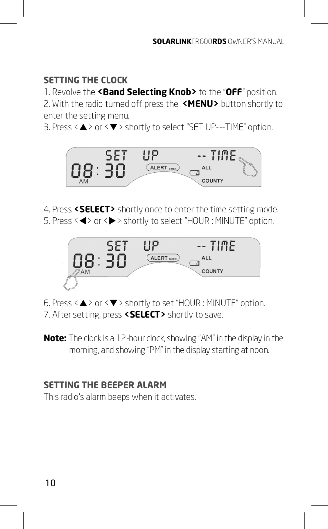 Eton FR600RDS owner manual Setting the Clock, Setting the Beeper Alarm 