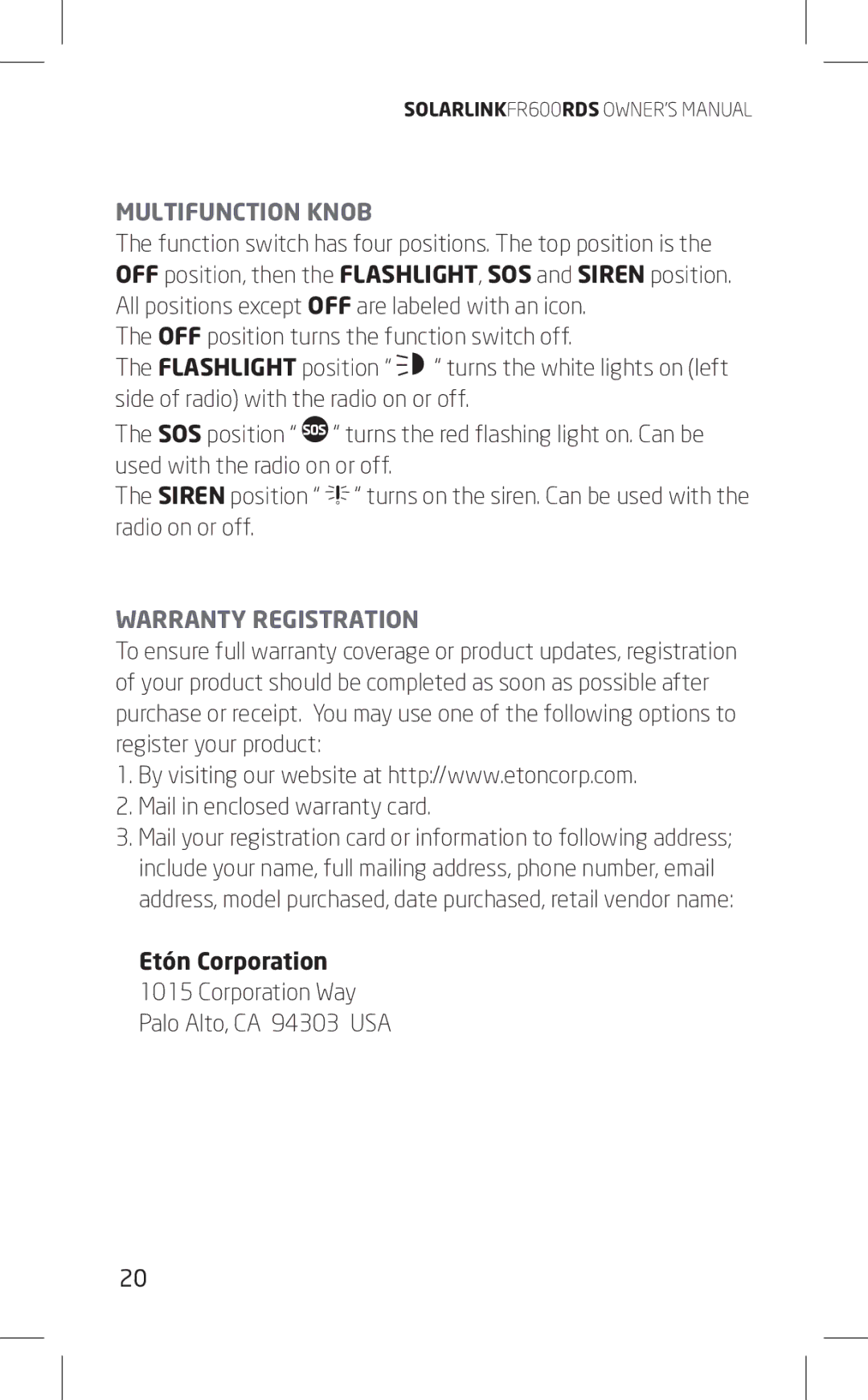 Eton FR600RDS owner manual Multifunction Knob, Warranty Registration, Etón Corporation 