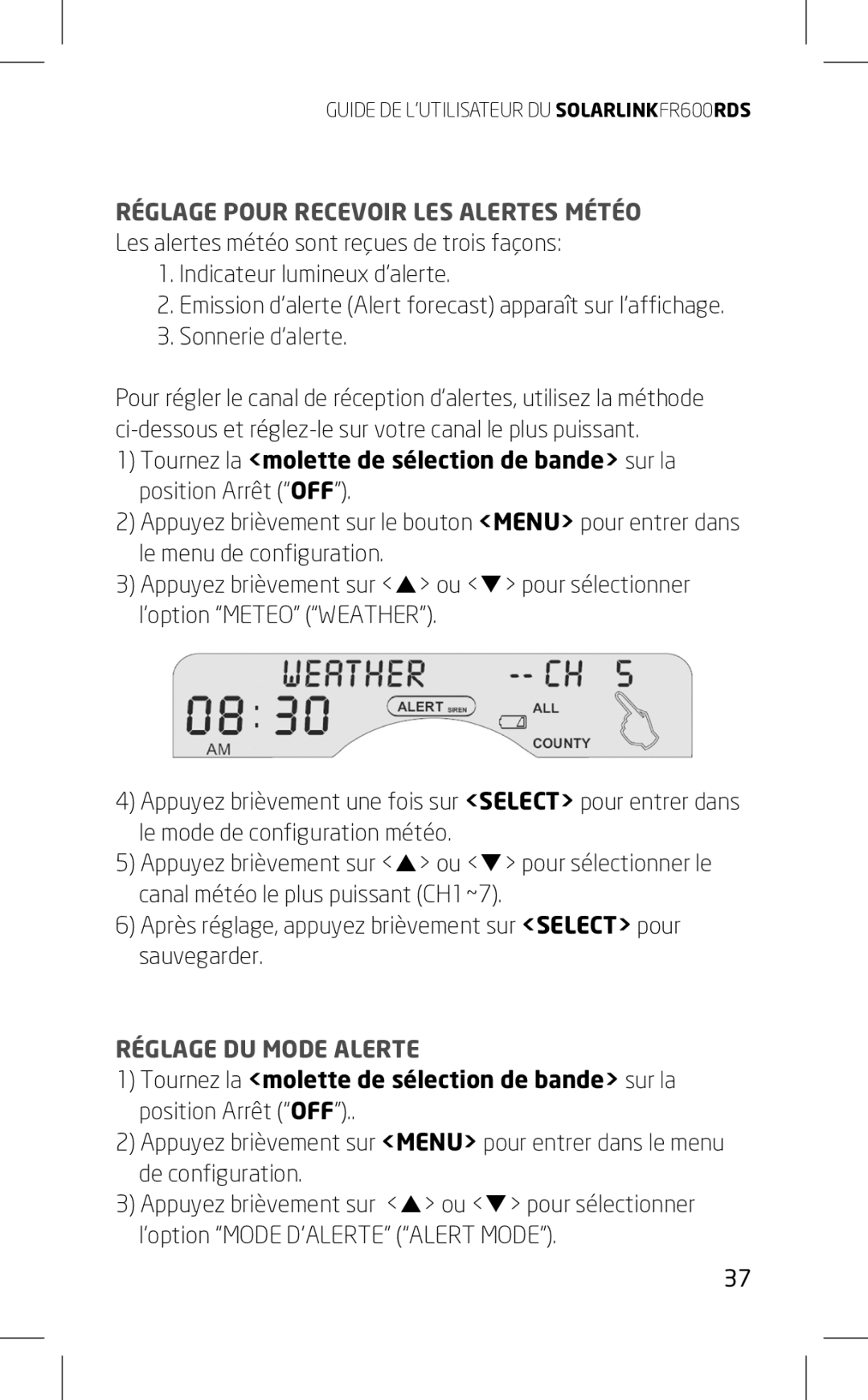 Eton FR600RDS owner manual Réglage DU Mode Alerte 