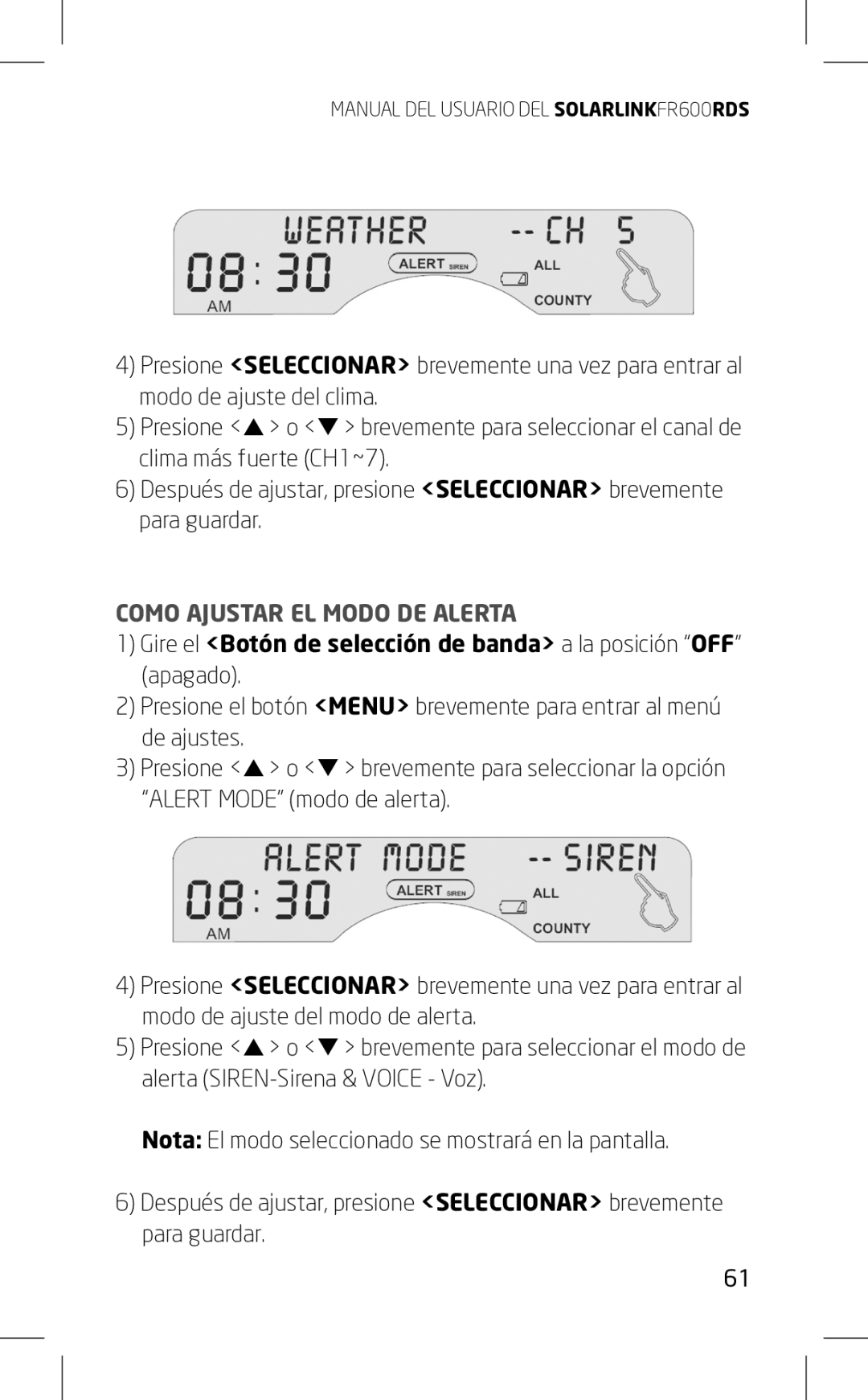 Eton FR600RDS owner manual Como Ajustar EL Modo DE Alerta 