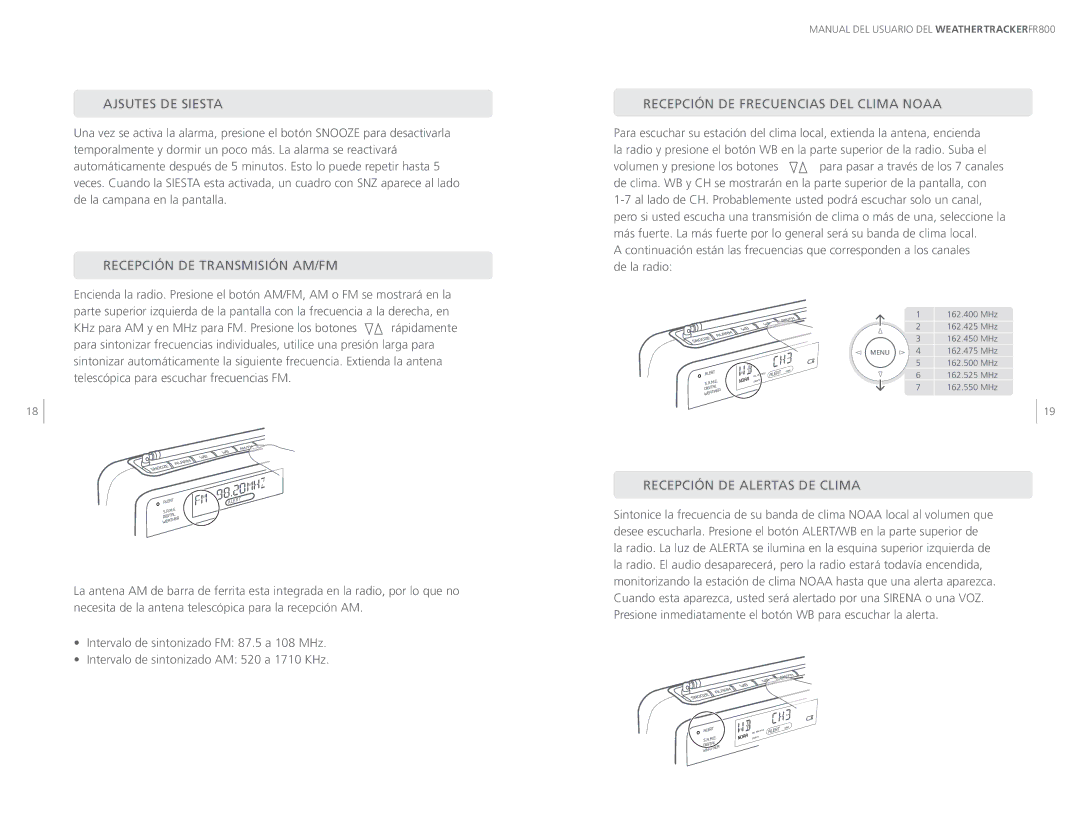 Eton ARCFR800R user manual Ajsutes DE Siesta, Recepción DE Transmisión AM/FM, Recepción DE Frecuencias DEL Clima Noaa 