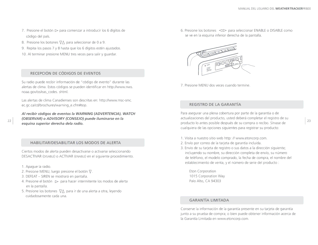 Eton ARCFR800R Recepción DE Códigos DE Eventos, HABILITAR/DESABILITAR LOS Modos DE Alerta, Registro DE LA Garantía 