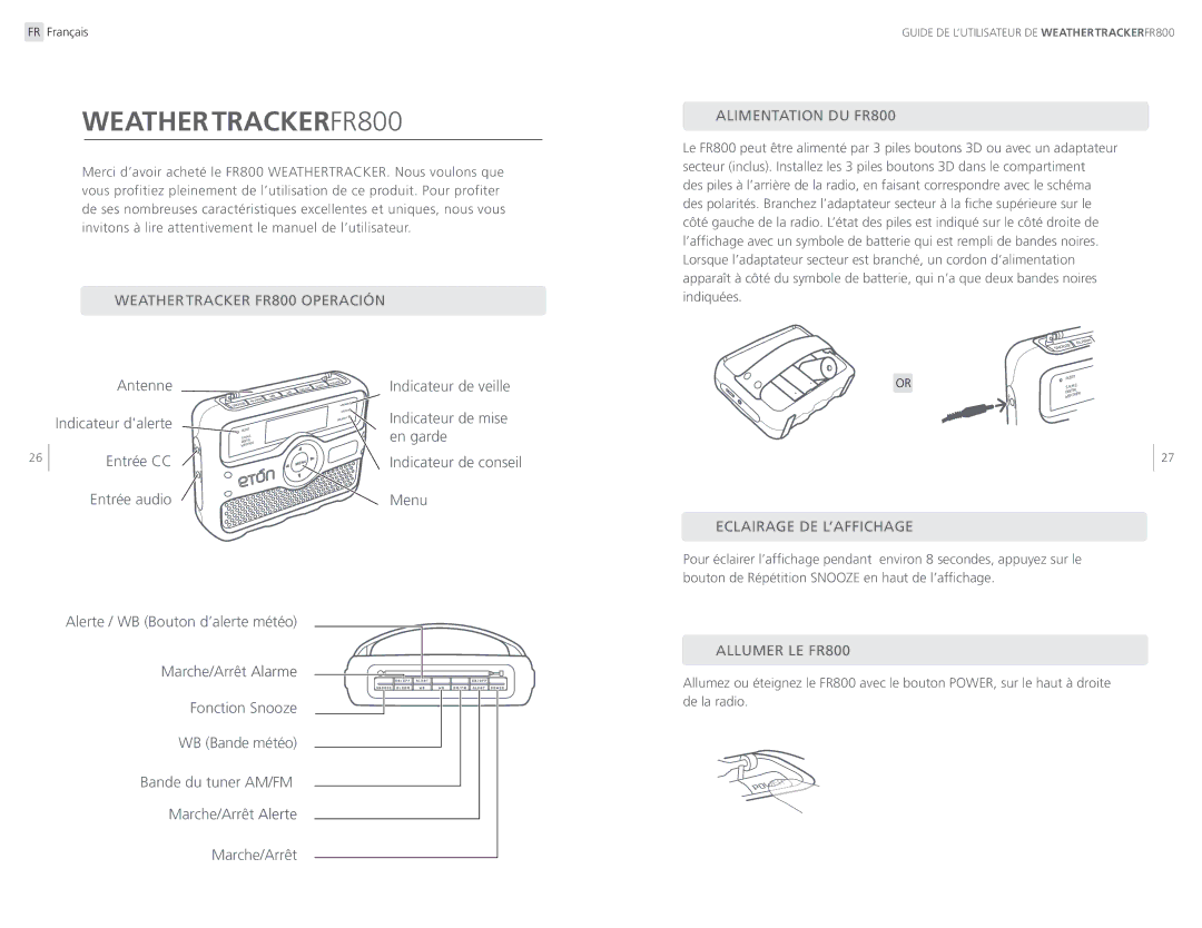 Eton ARCFR800R user manual Alimentation DU FR800, Eclairage DE L’AFFICHAGE, Allumer LE FR800 