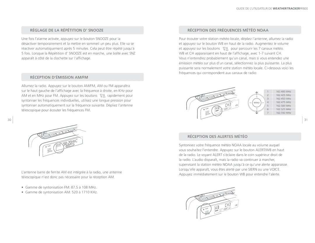 Eton ARCFR800R Réglage DE LA Répétition D’ Snooze, Réception D’ÉMISSION AM/FM, Réception DES Fréquences Météo Noaa 