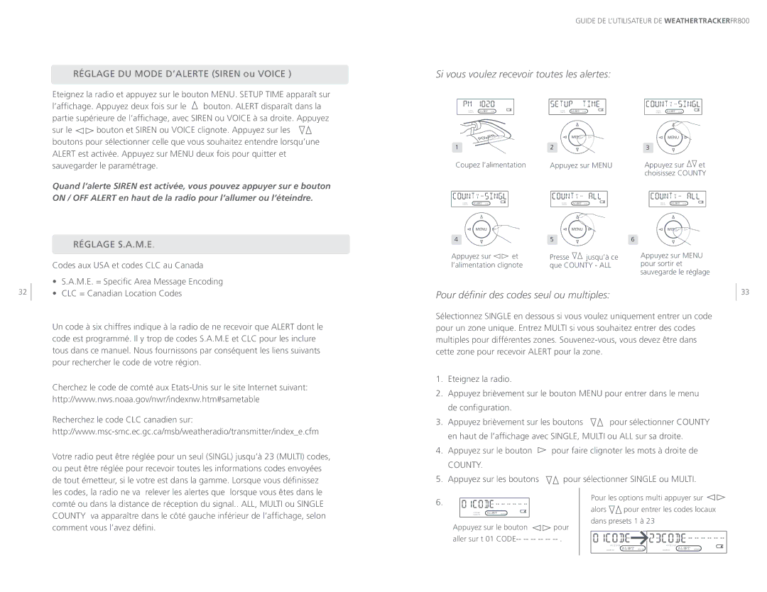 Eton ARCFR800R Si vous voulez recevoir toutes les alertes, Pour déﬁnir des codes seul ou multiples, Réglage S.A.M.E 