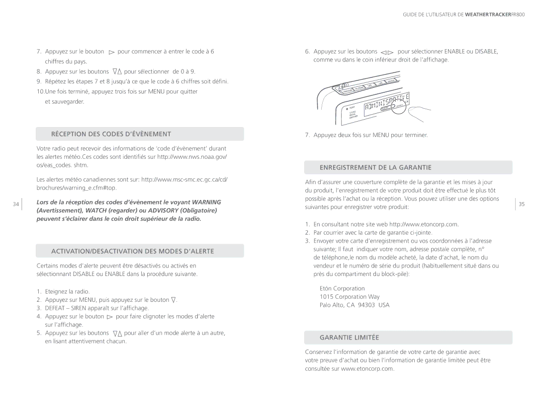 Eton FR800 Réception DES Codes D’ÉVÈNEMENT, ACTIVATION/DESACTIVATION DES Modes D’ALERTE, Enregistrement DE LA Garantie 