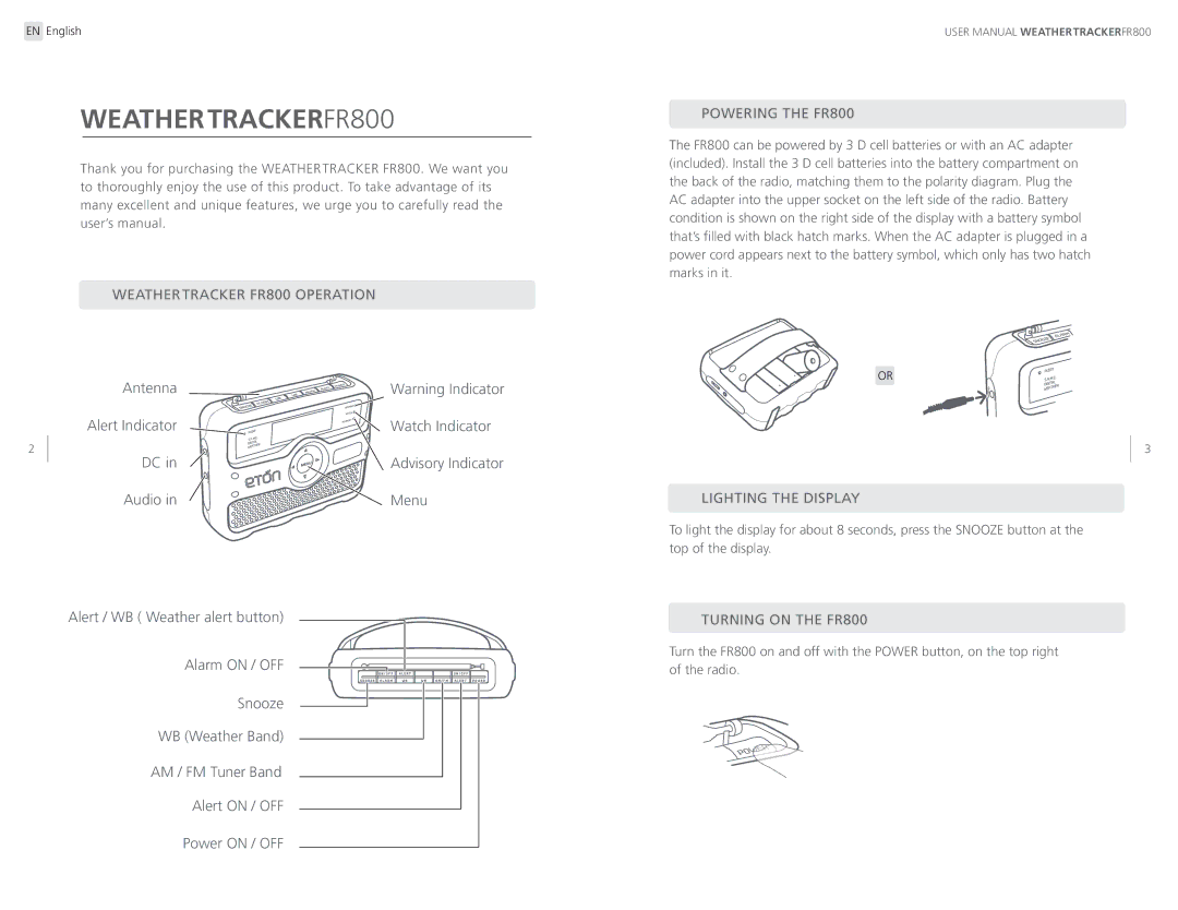 Eton ARCFR800R user manual Weathertracker FR800 Operation Powering the FR800, Lighting the Display, Turning on the FR800 