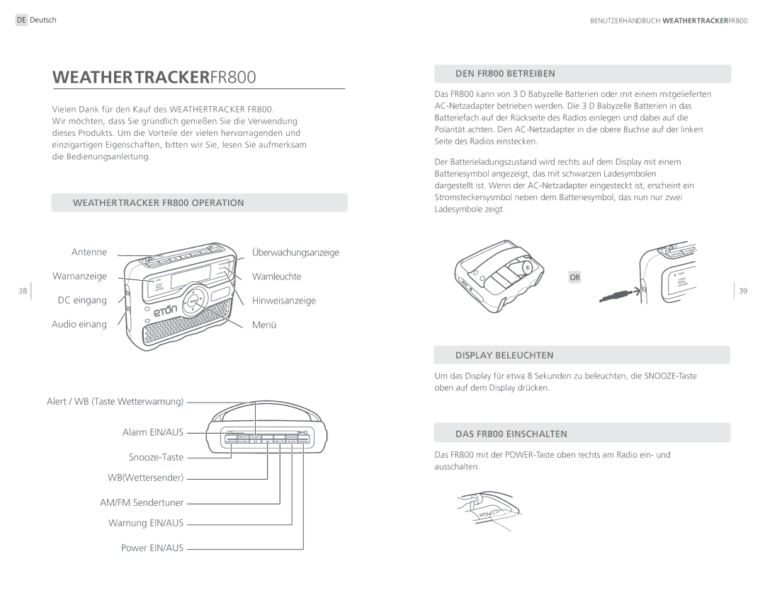 Eton ARCFR800R Weathertracker FR800 Operation, DEN FR800 Betreiben, Display Beleuchten, DAS FR800 Einschalten 