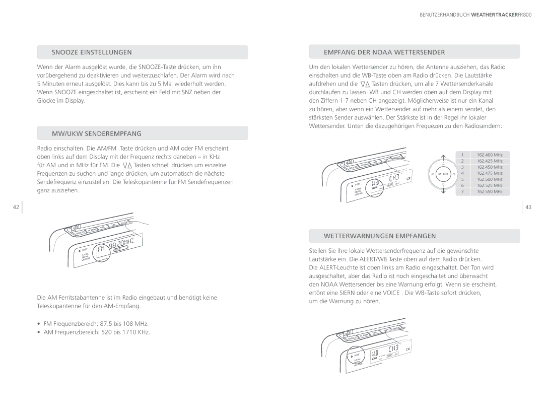 Eton ARCFR800R Snooze Einstellungen, MW/UKW Senderempfang, Empfang DER Noaa Wettersender, Wetterwarnungen Empfangen 