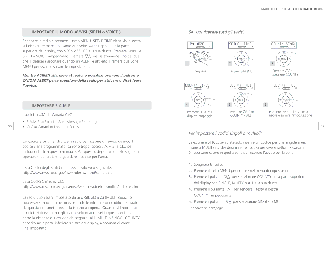 Eton ARCFR800R user manual Se vuoi ricevere tutti gli avvisi, Per impostare i codici singoli o multipli, Impostare S.A.M.E 