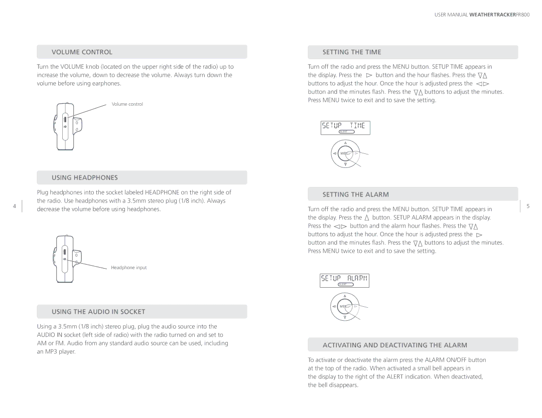 Eton ARCFR800R user manual Volume Control, Using Headphones, Using the Audio in Socket, Setting the Time, Setting the Alarm 