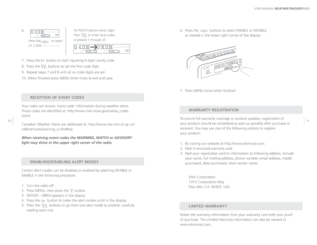 Eton ARCFR800R Reception of Event Codes, ENABLING/DISABLING Alert Modes, Warranty Registration, Limited Warranty 