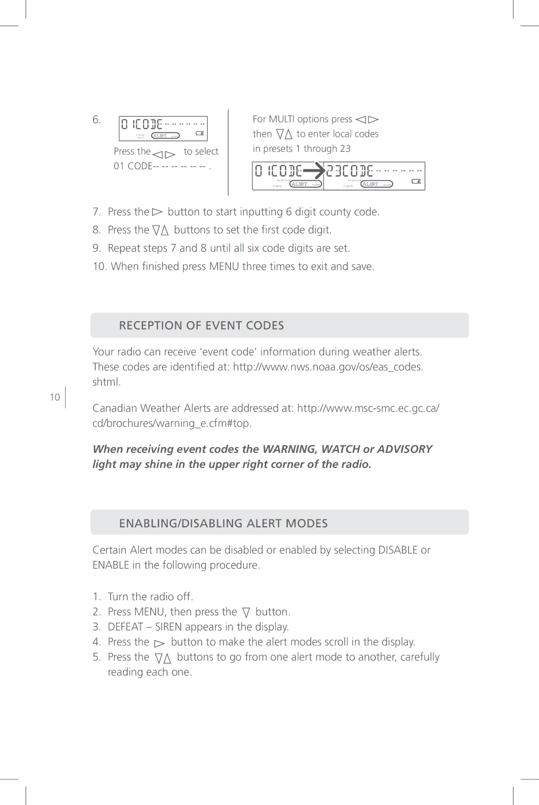 Eton FR800 user manual Reception of Event Codes, ENABLING/DISABLING Alert Modes 