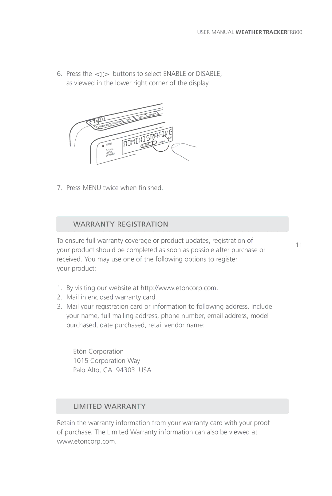 Eton FR800 user manual Warranty Registration, Limited Warranty 