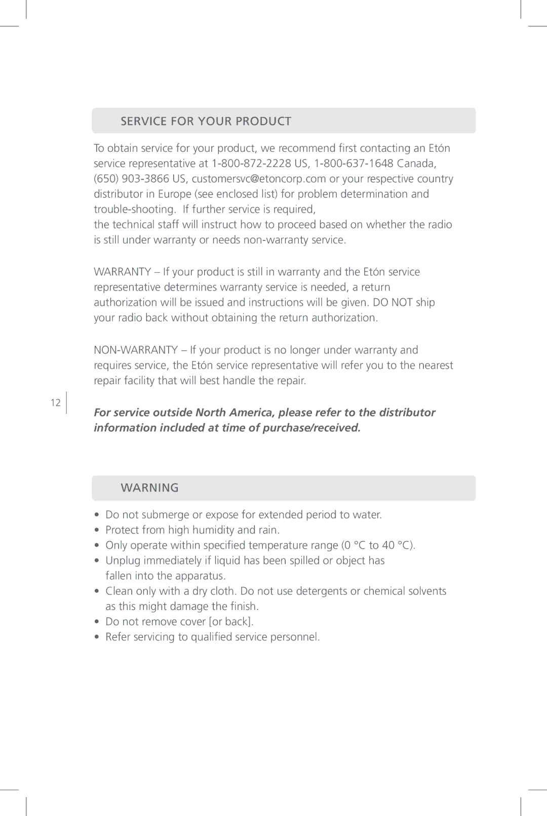 Eton FR800 user manual Service for Your Product 