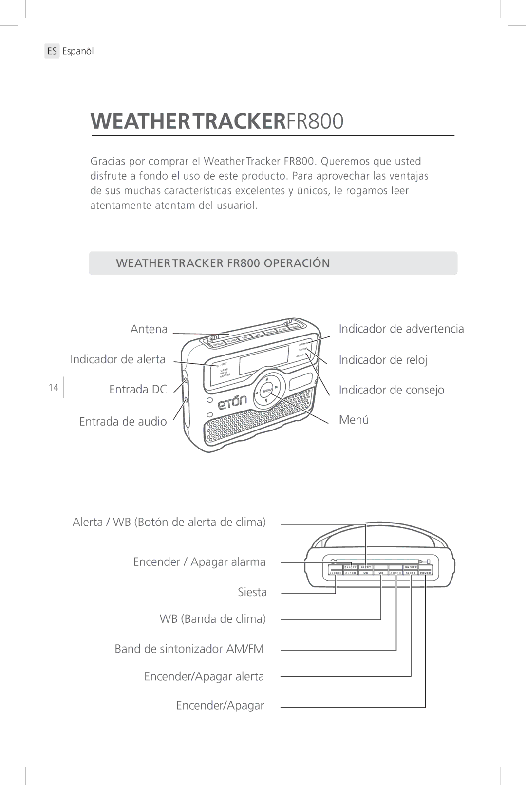 Eton user manual Weathertracker FR800 Operación 