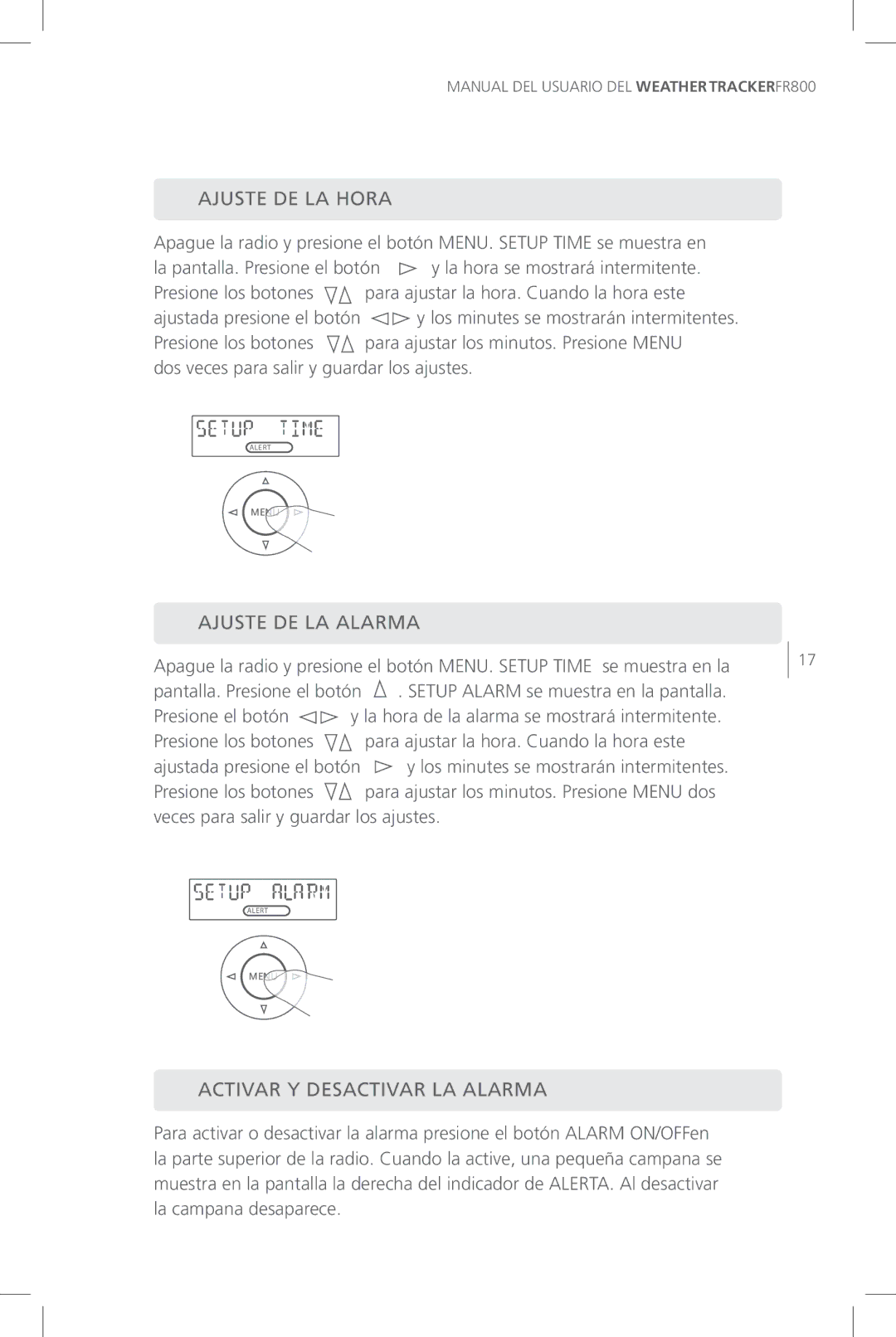 Eton FR800 user manual Ajuste DE LA Hora, Ajuste DE LA Alarma, Activar Y Desactivar LA Alarma 