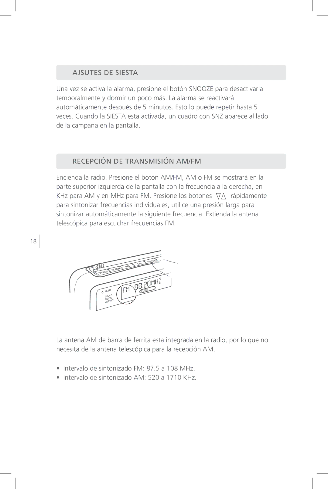 Eton FR800 user manual Ajsutes DE Siesta, Recepción DE Transmisión AM/FM 