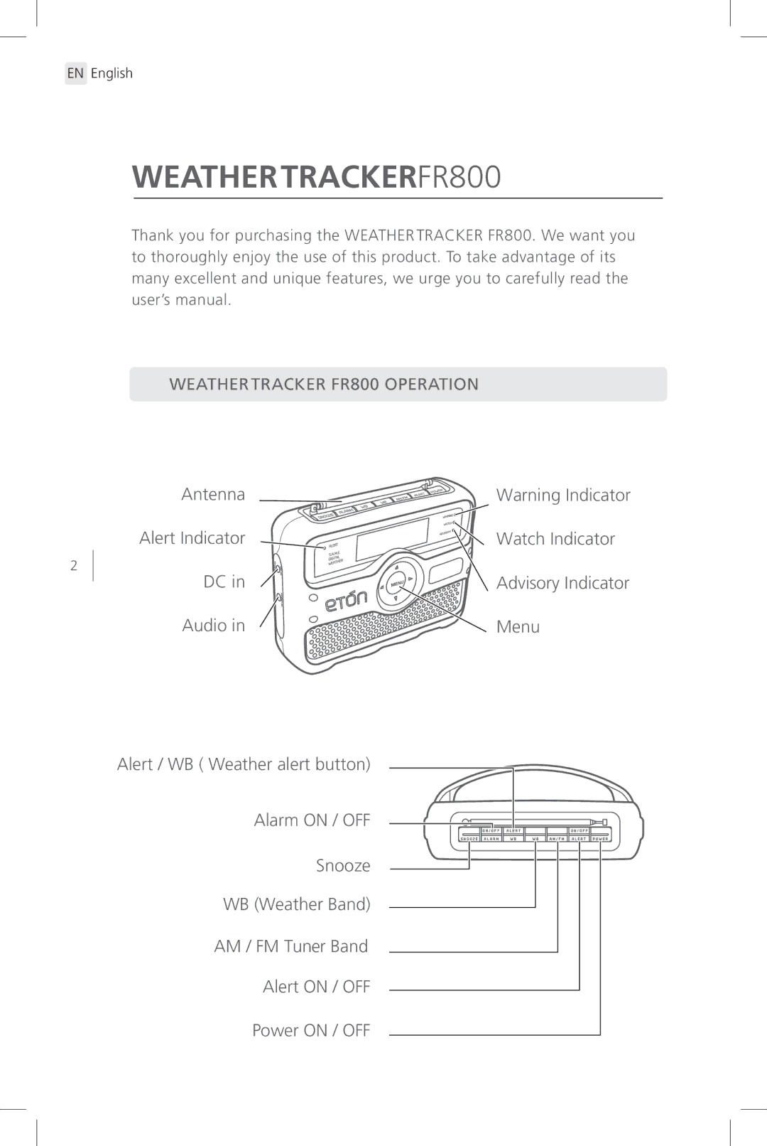 Eton user manual WEATHERTRACKERFR800, Weathertracker FR800 Operation 