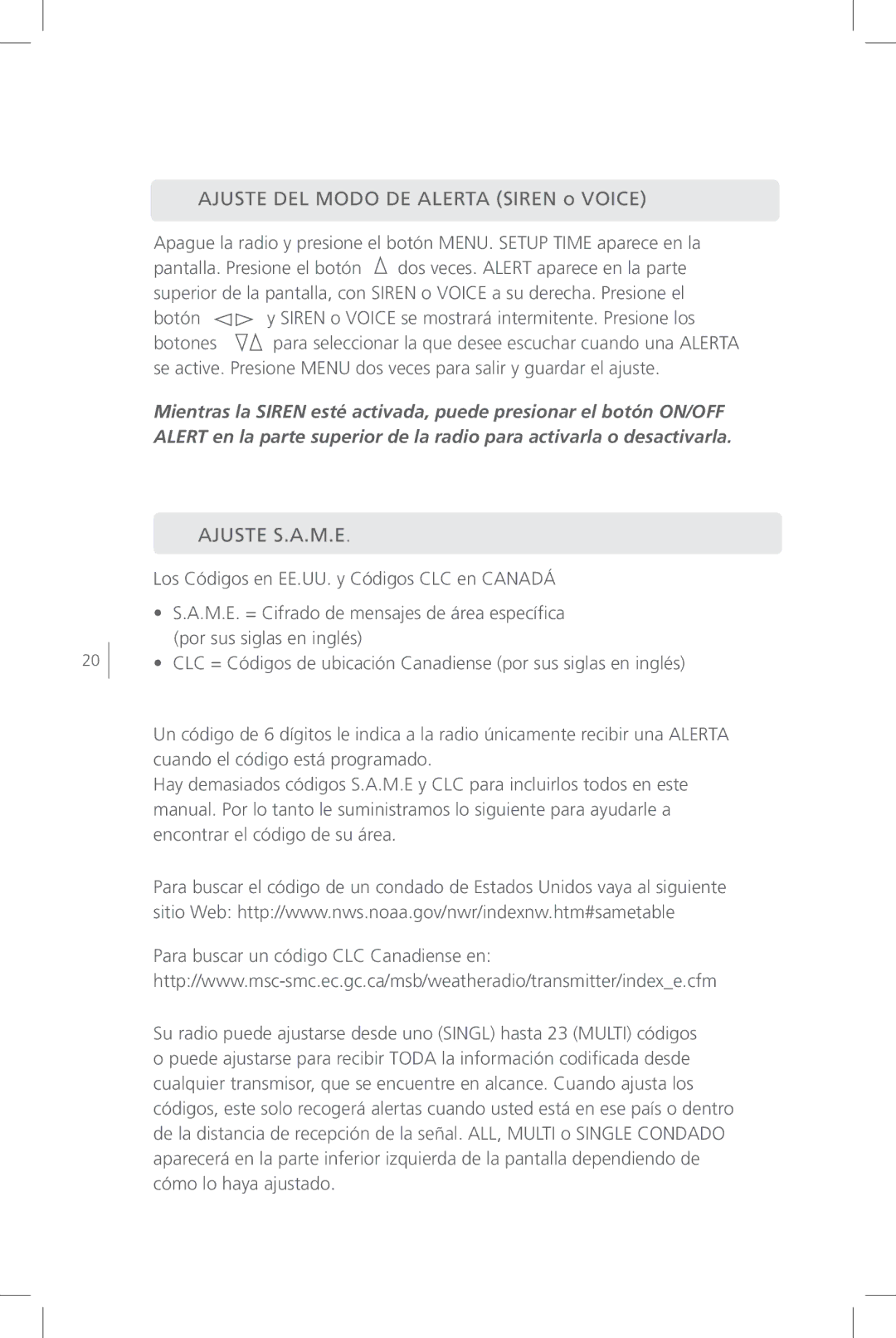 Eton FR800 user manual Ajuste DEL Modo DE Alerta Siren o Voice, Ajuste S.A.M.E 