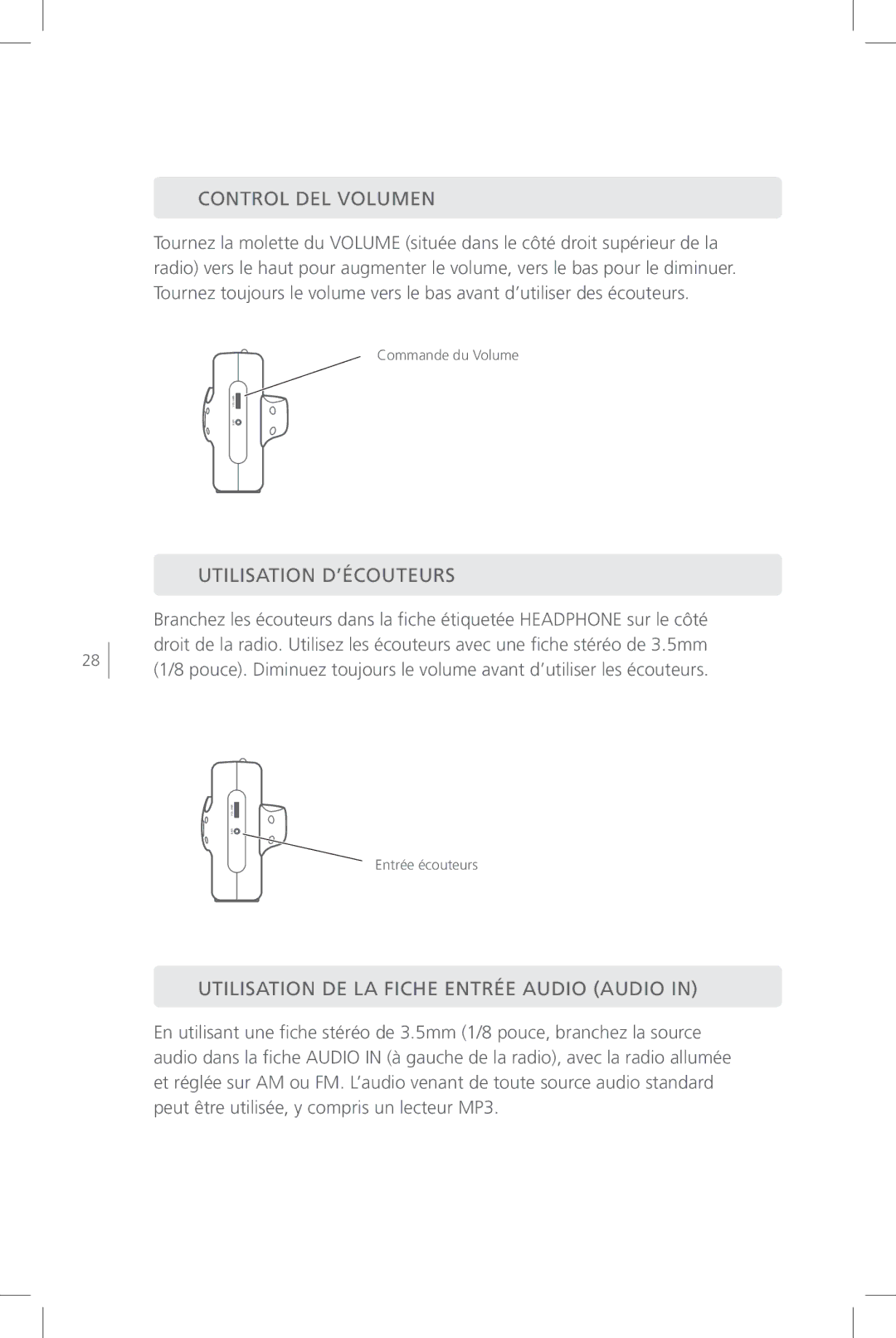 Eton FR800 user manual Utilisation D’ÉCOUTEURS, Utilisation DE LA Fiche Entrée Audio Audio 