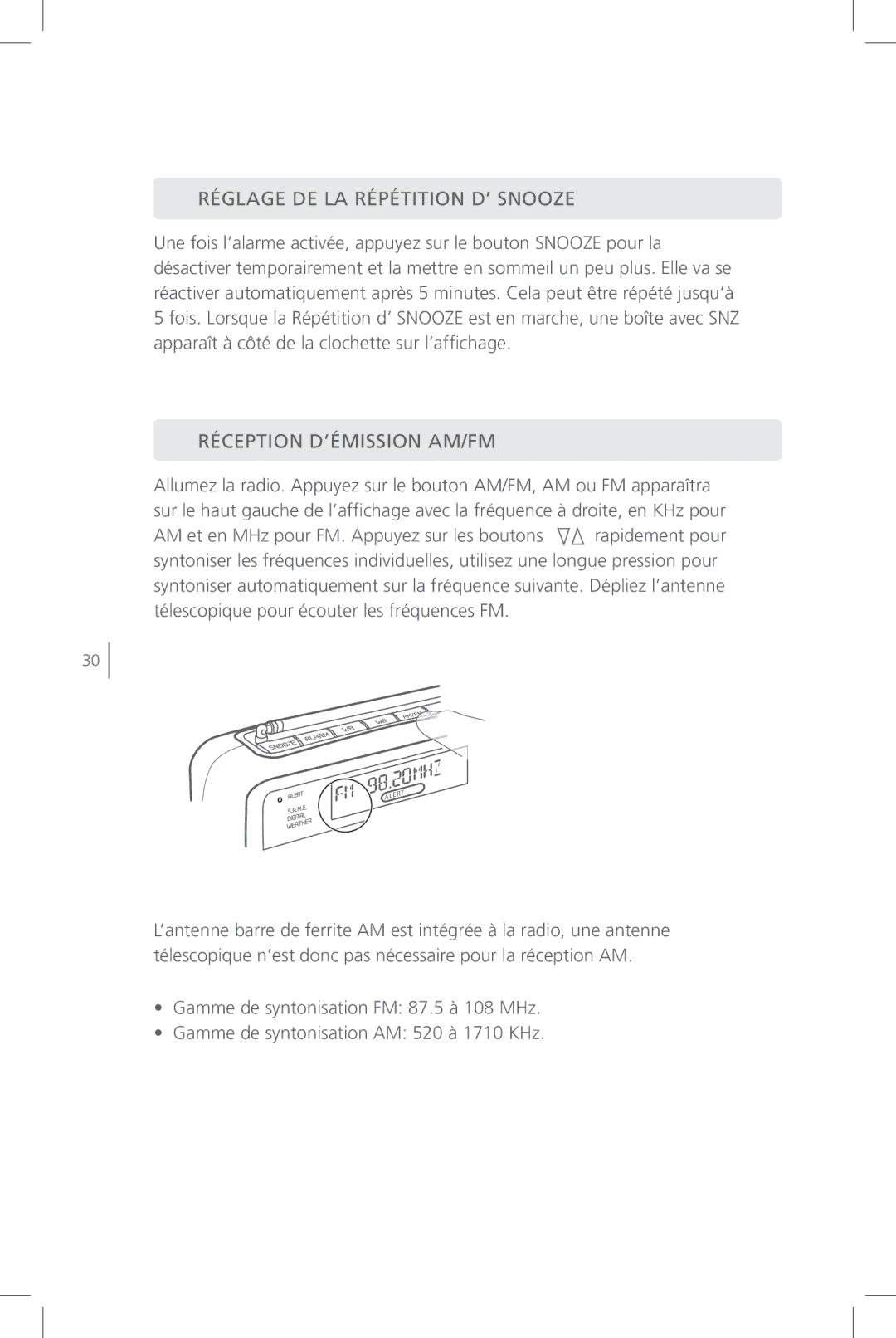 Eton FR800 user manual Réglage DE LA Répétition D’ Snooze, Réception D’ÉMISSION AM/FM 