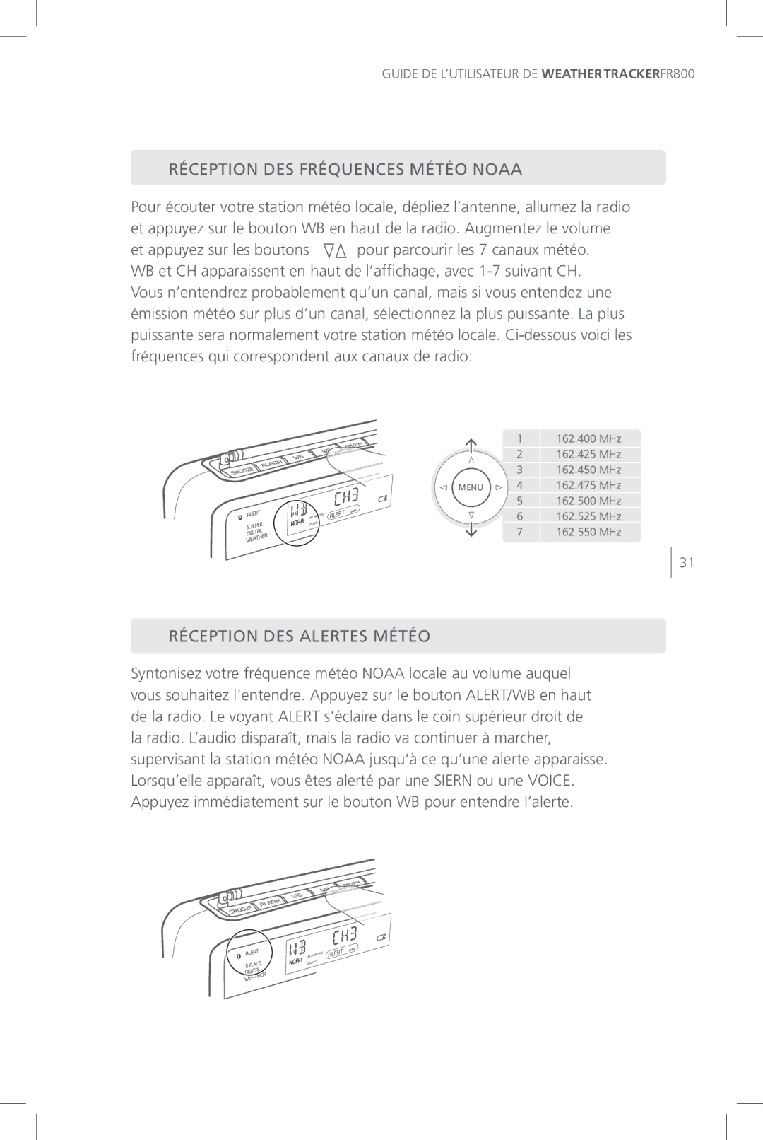 Eton FR800 user manual Réception DES Fréquences Météo Noaa, Réception DES Alertes Météo 