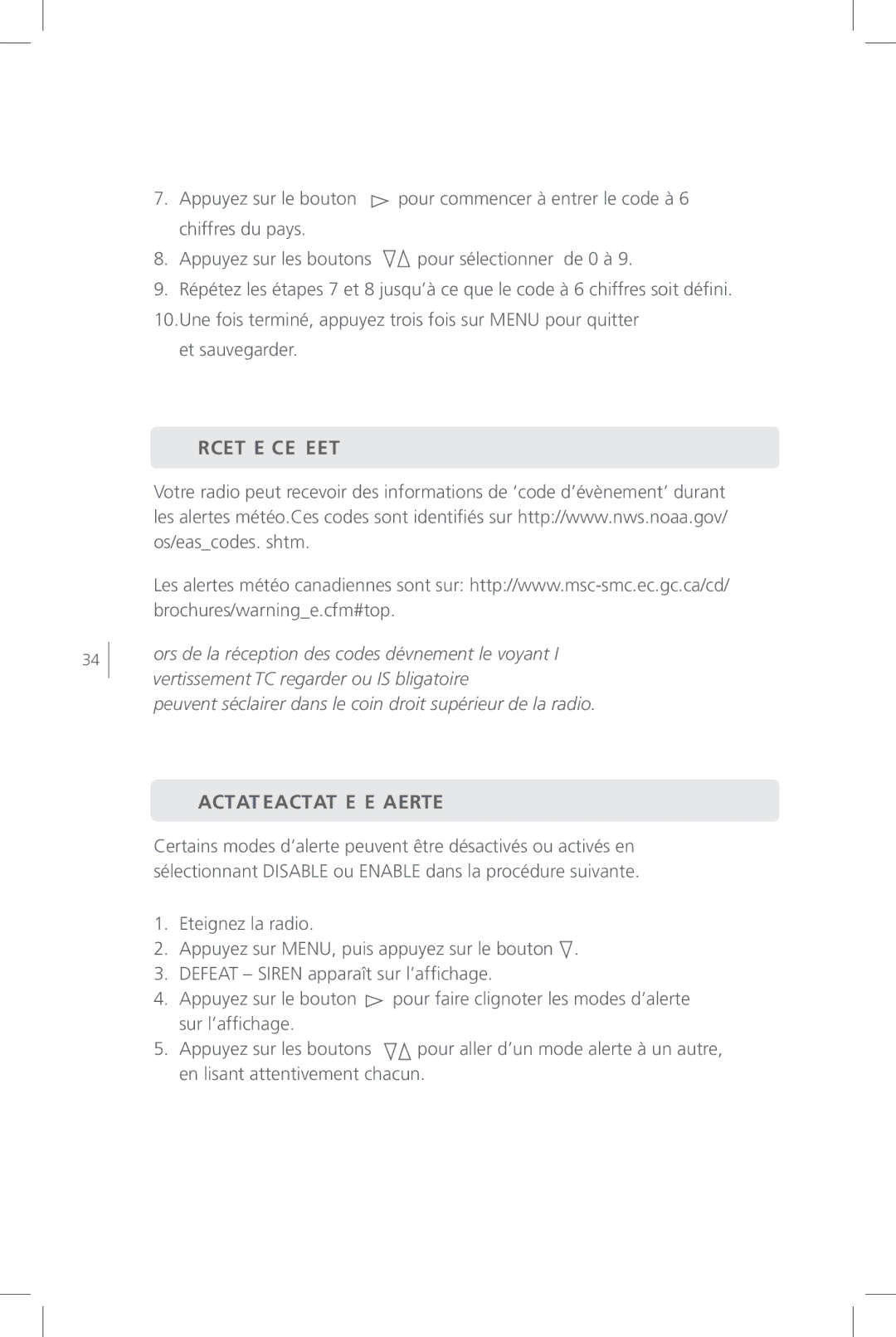 Eton FR800 user manual Réception DES Codes D’ÉVÈNEMENT, ACTIVATION/DESACTIVATION DES Modes D’ALERTE 