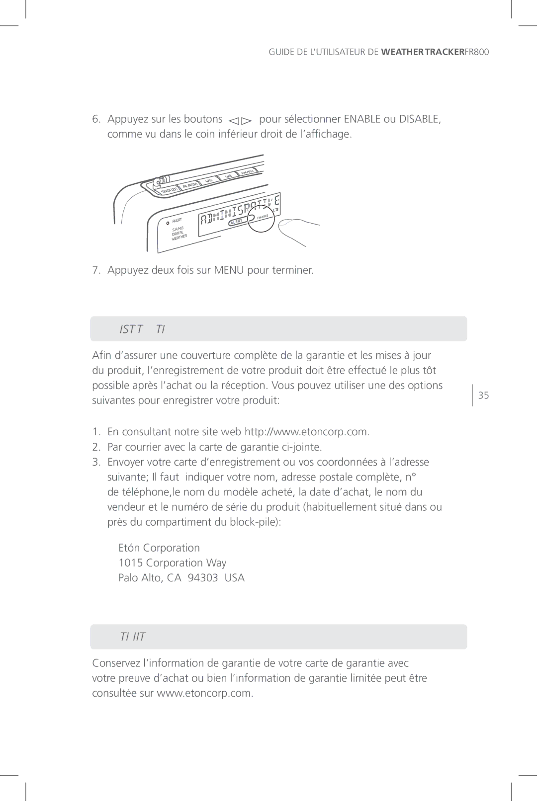 Eton FR800 user manual Enregistrement DE LA Garantie, Garantie Limitée 