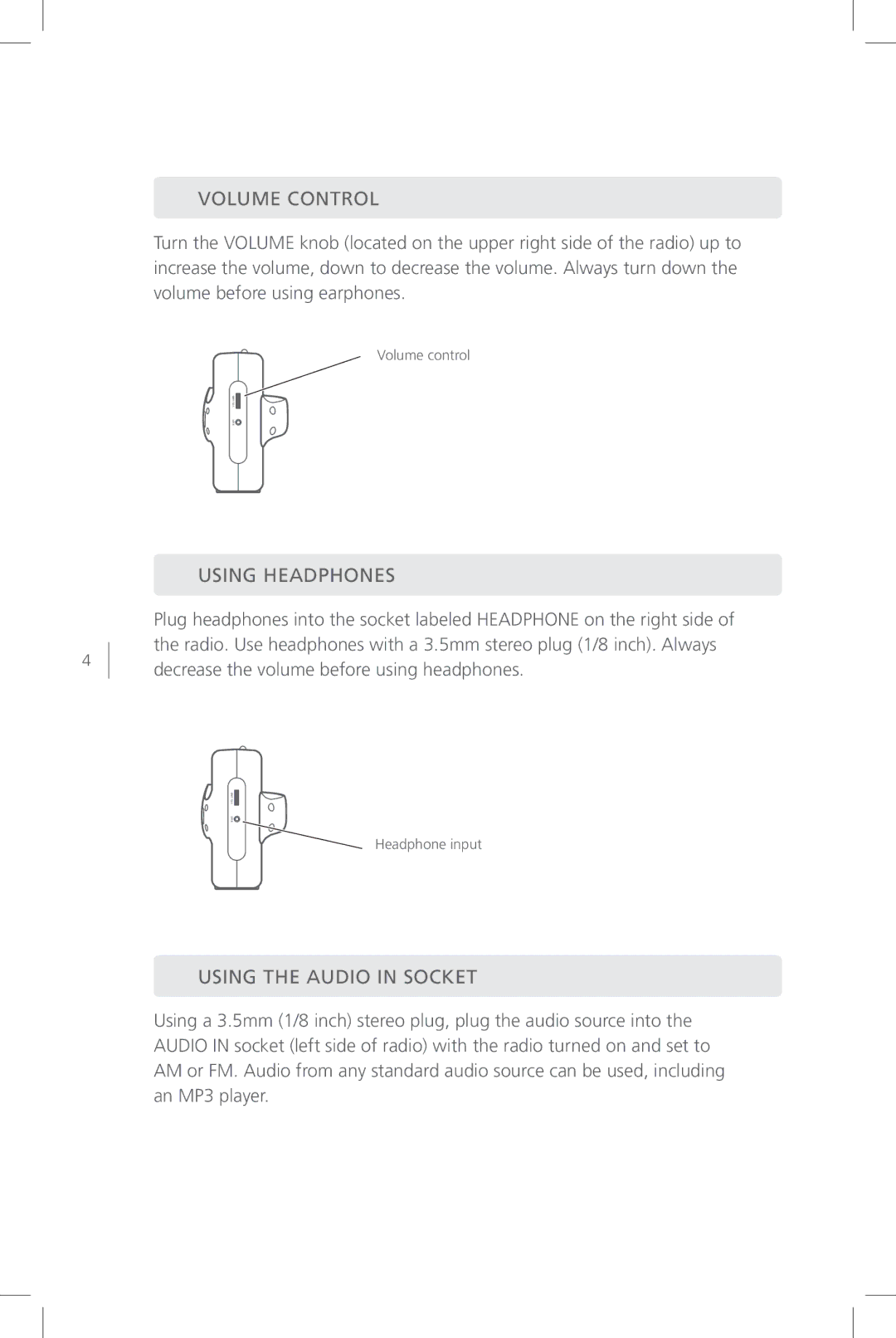 Eton FR800 user manual Volume Control, Using Headphones, Using the Audio in Socket 