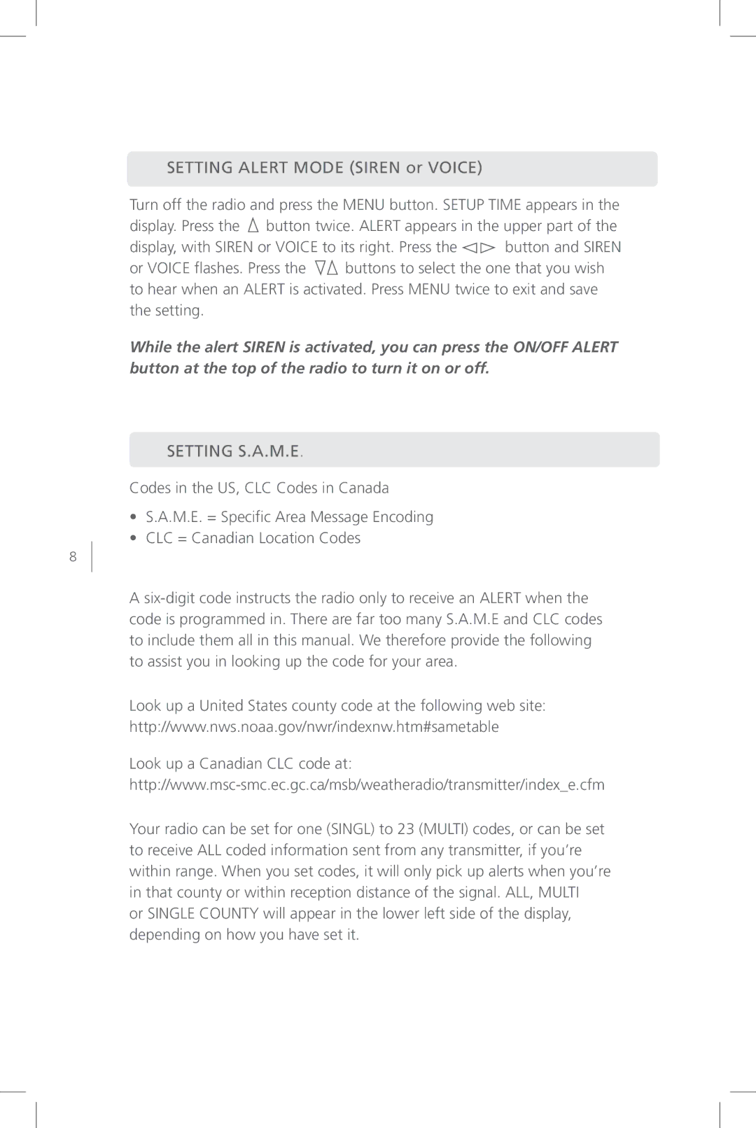 Eton FR800 user manual Setting Alert Mode Siren or Voice, Setting S.A.M.E 