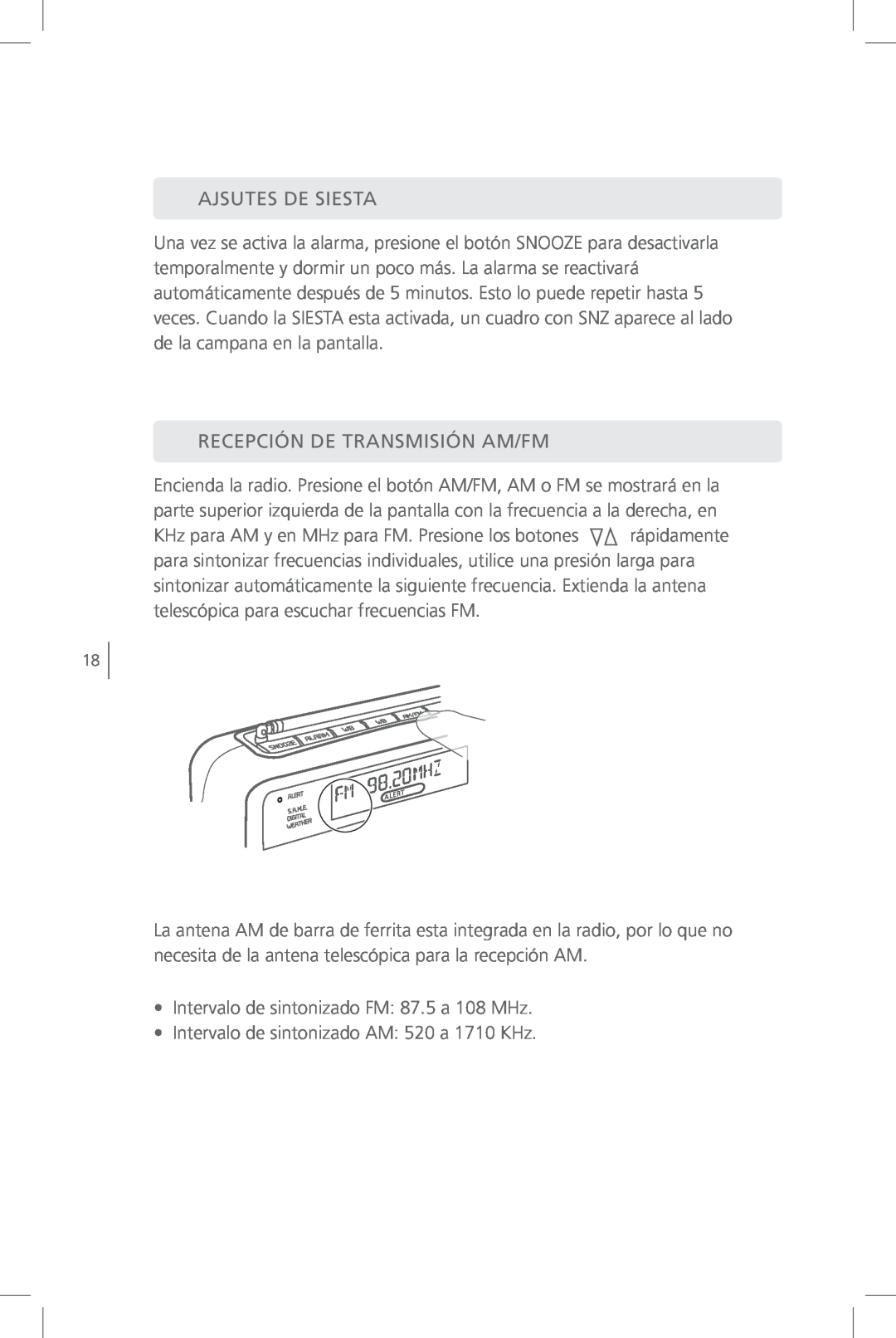 Eton FR800 user manual Ajsutes De Siesta, Recepción De Transmisión Am/Fm 