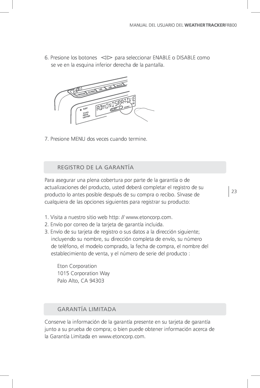 Eton FR800 user manual Registro De La Garantía, Garantía Limitada 