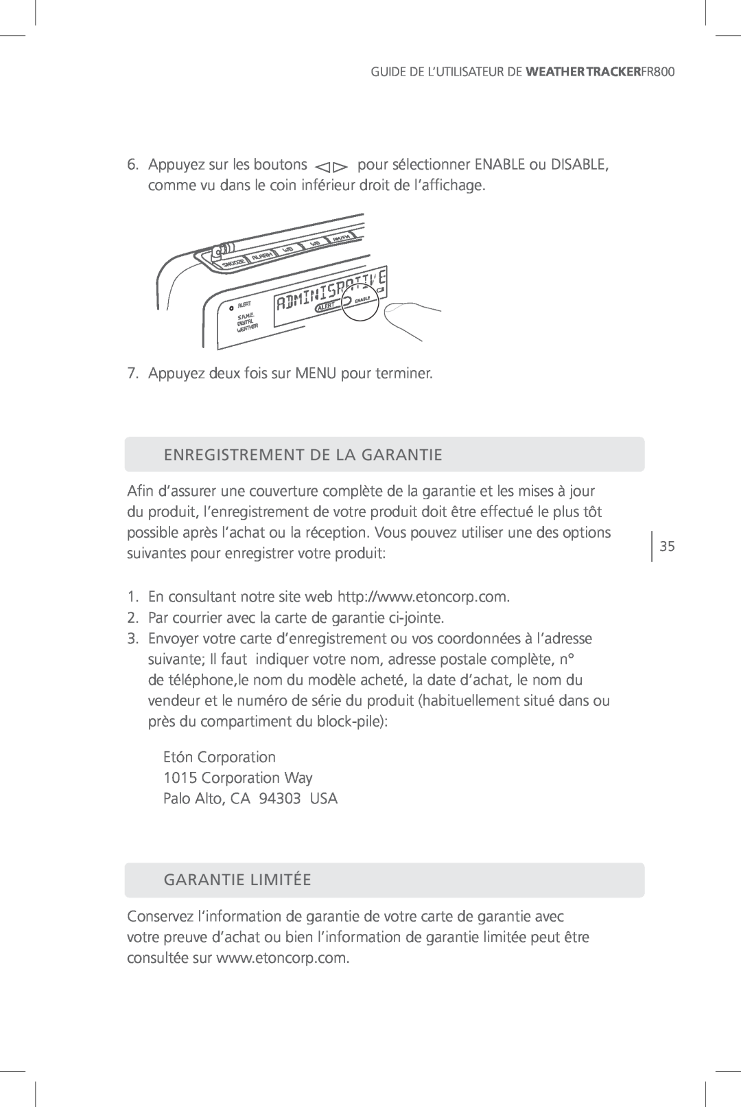 Eton FR800 user manual Enregistrement De La Garantie, Garantie Limitée 