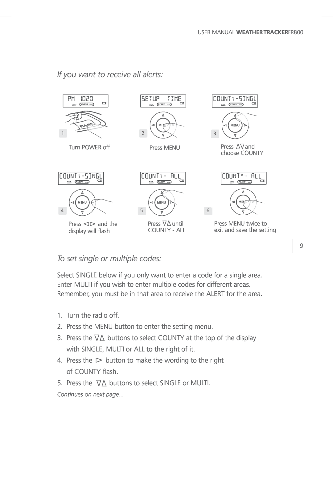 Eton FR800 user manual If you want to receive all alerts, To set single or multiple codes 