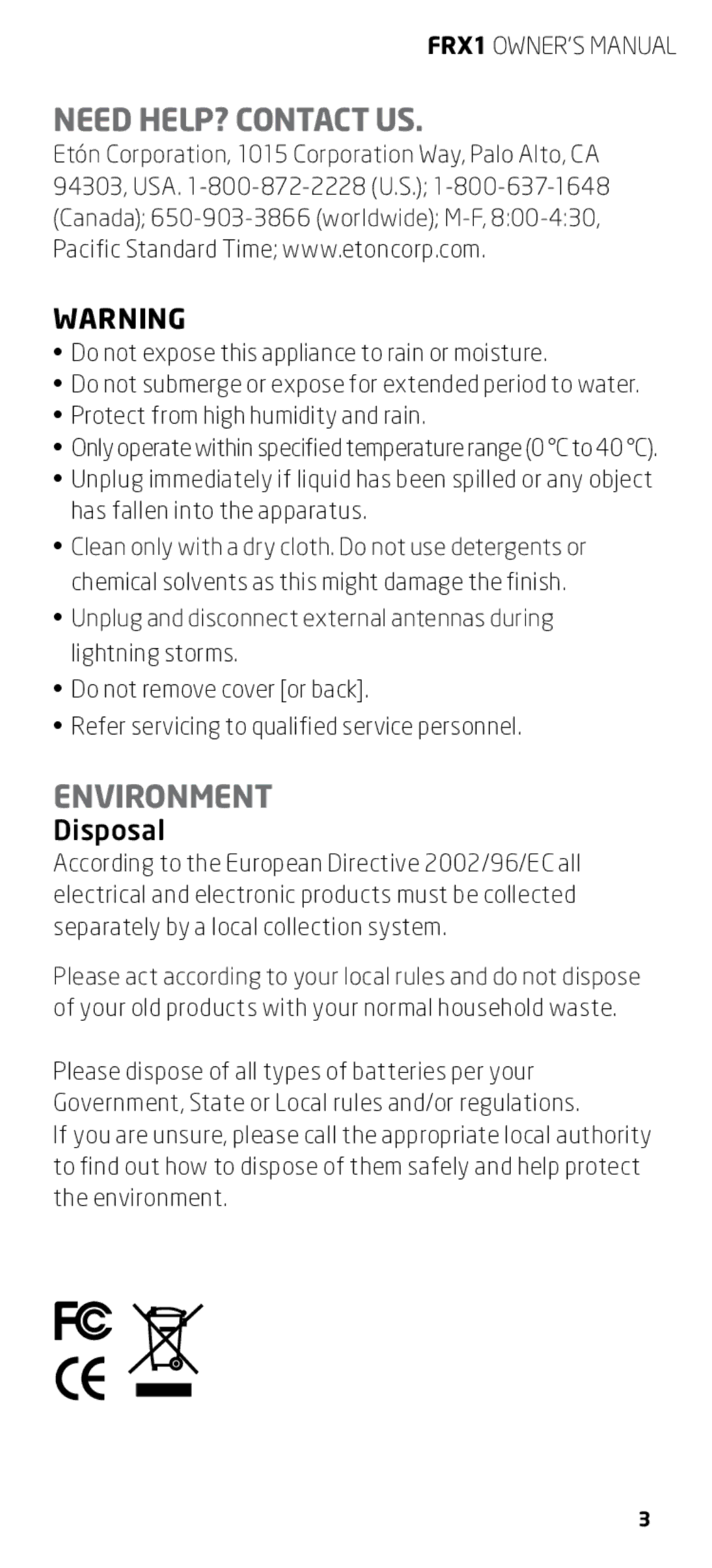 Eton FRX1 owner manual Need HELP? Contact US, Environment, Disposal 