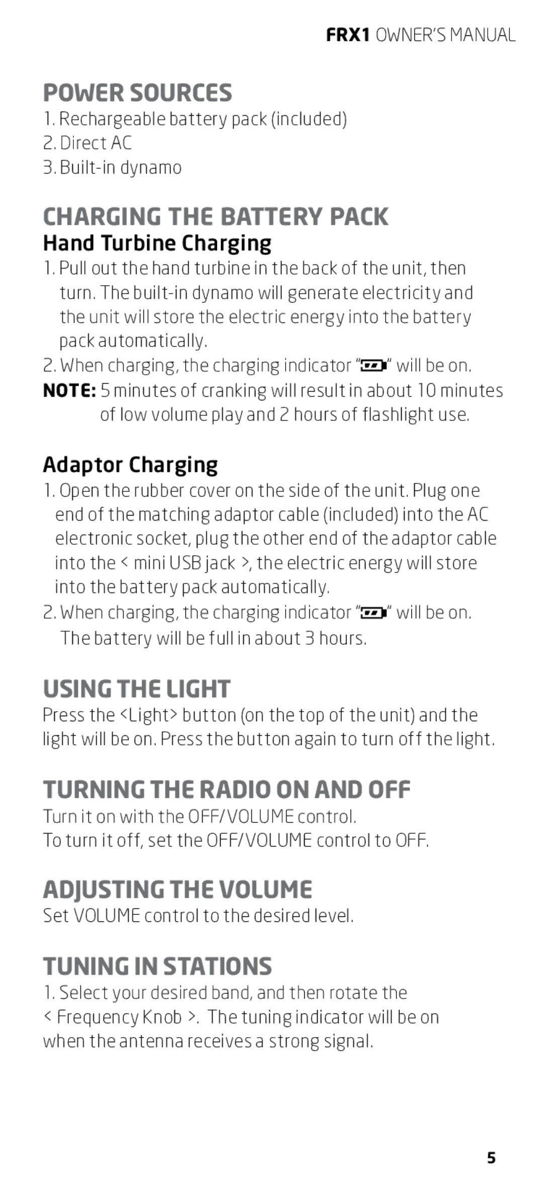 Eton FRX1 Power Sources, Charging the Battery Pack, Turning the Radio on and OFF, Adjusting the Volume, Tuning in Stations 