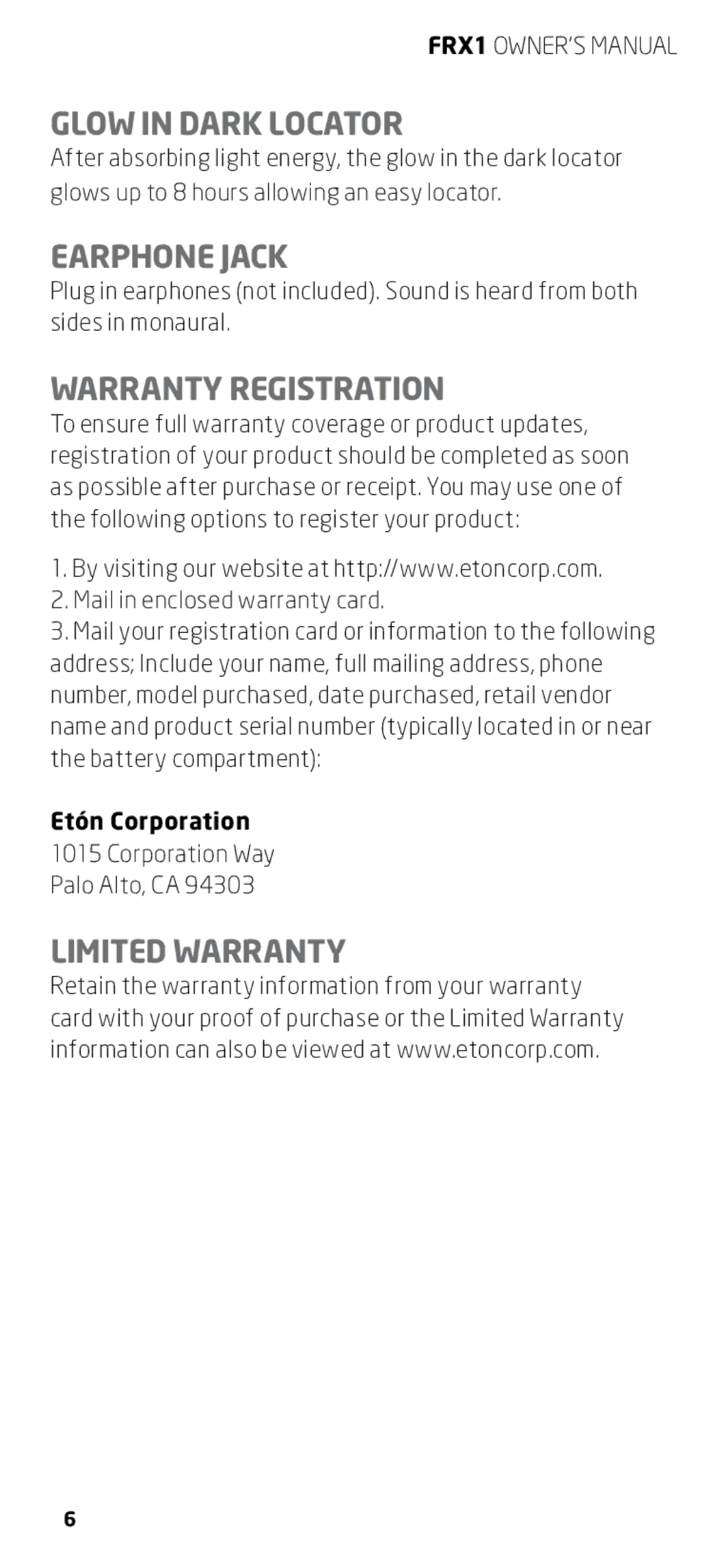 Eton FRX1 owner manual Glow in Dark Locator, Earphone Jack, Warranty Registration, Limited Warranty 