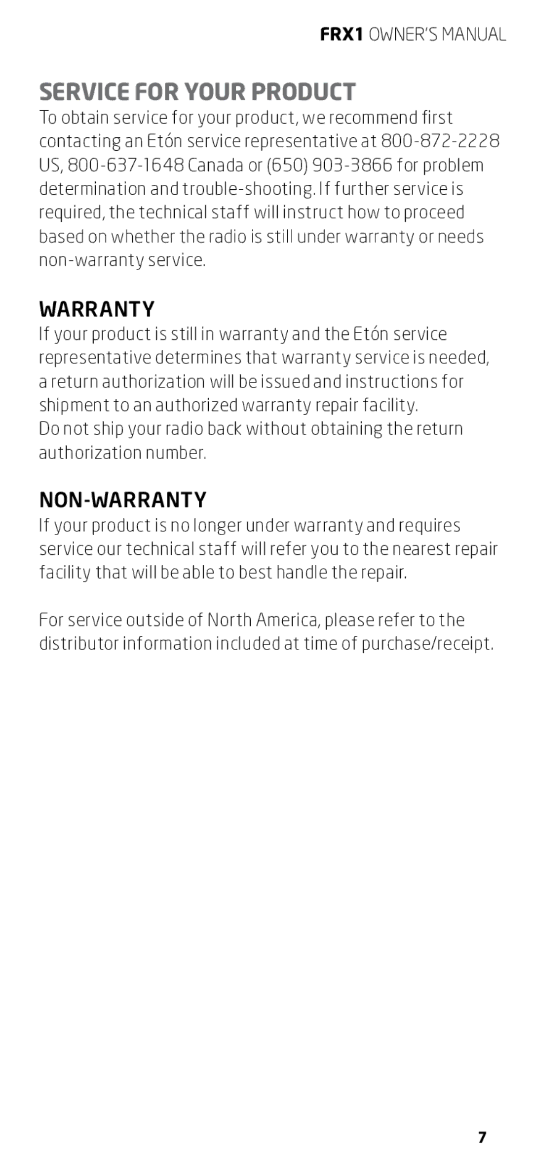 Eton FRX1 owner manual Service for Your Product, Warranty 