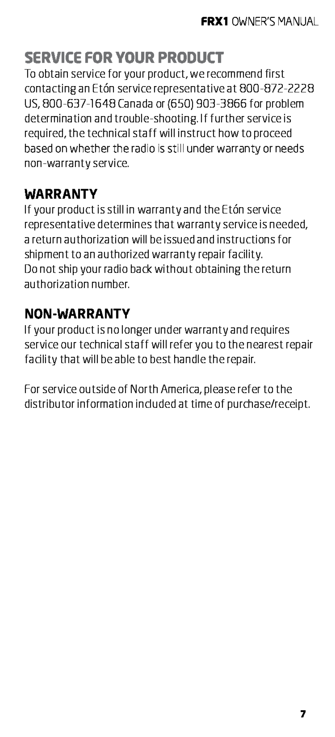 Eton FRX1 owner manual Service For Your Product, Non-Warranty 