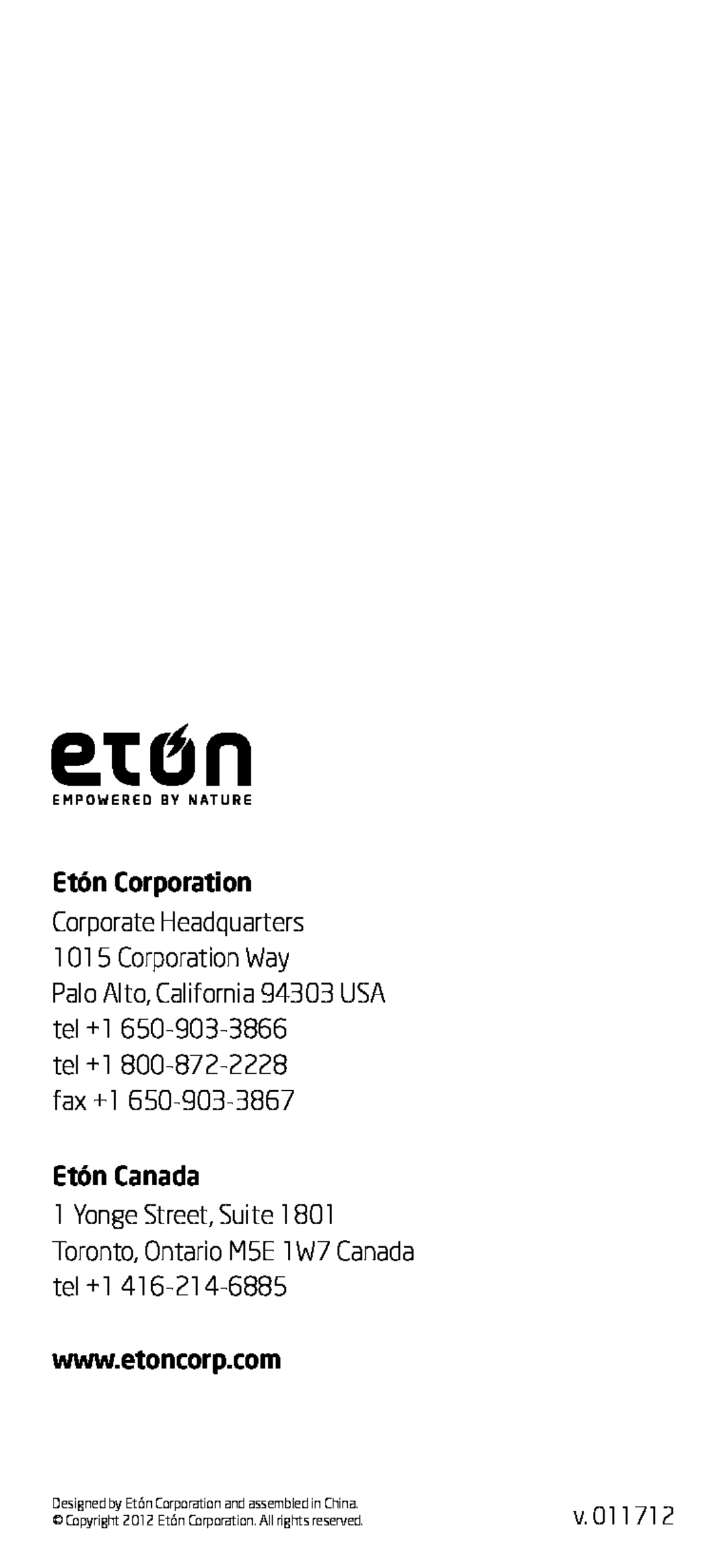 Eton FRX1 owner manual Etón Corporation Corporate Headquarters 1015 Corporation Way, Etón Canada 