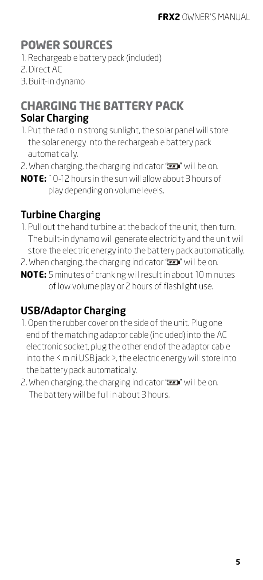 Eton FRX2 owner manual Power Sources, Charging the Battery Pack 